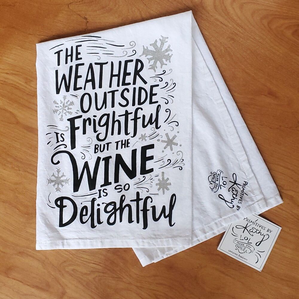 Primitives by Kathy Dish Towel White Cotton Wine Winter Christmas 27.5" Square